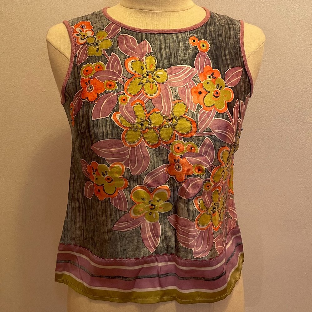 NWOT Pearls & Cashmere printed silk charmeuse & jersey knit sleeveless sweater